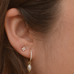 Side view of a woman wearing the 14K gold-plated Kayla pearl earrings