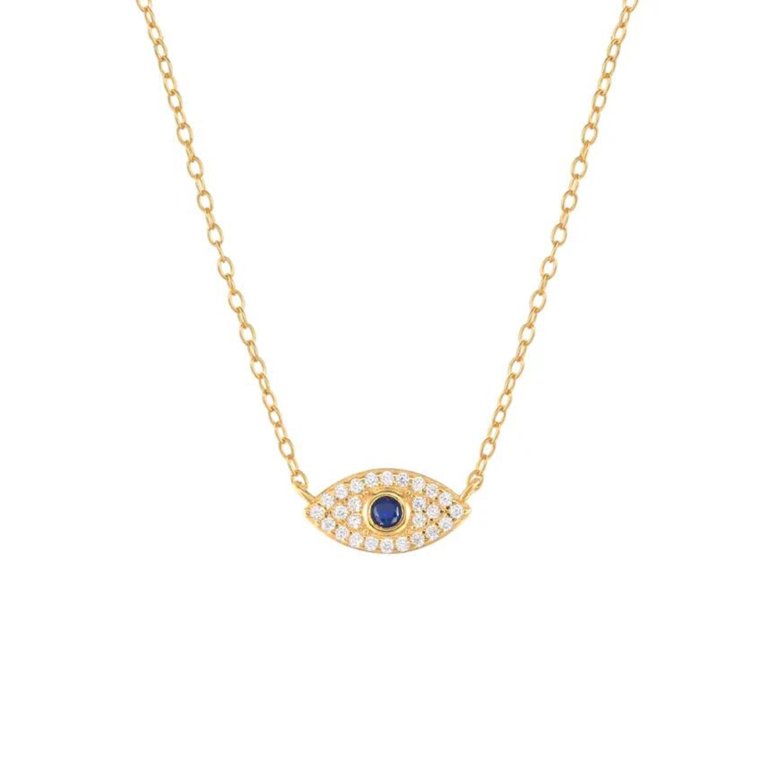 14K gold-plated Iris necklace featuring an evil eye pendant with sapphire accents